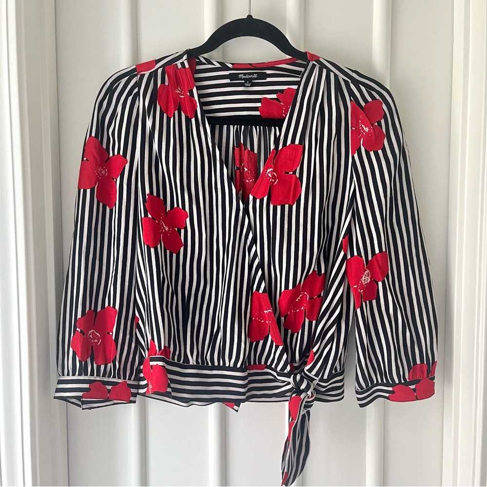 Madewell Candied Orchids Poppy Print Striped Wrap Top